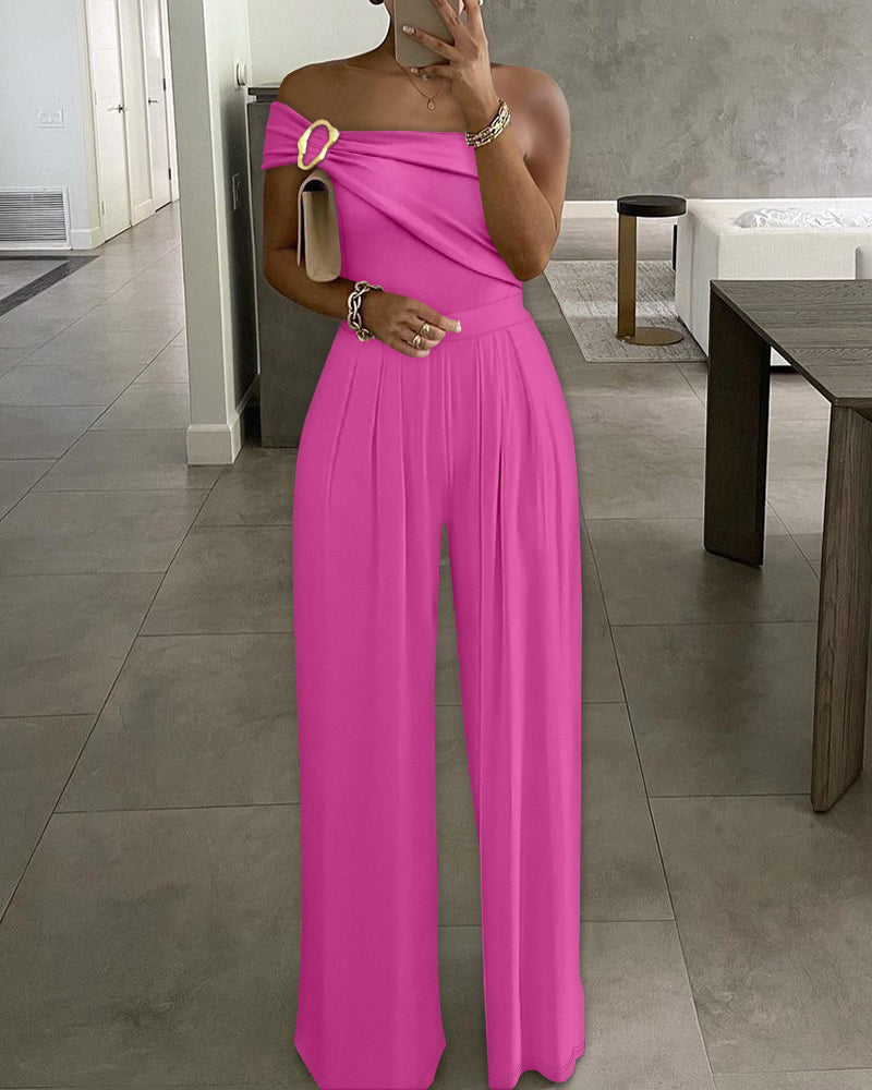 Cold Shoulder Ruched Buckle Wide Leg Jumpsuit Omfort