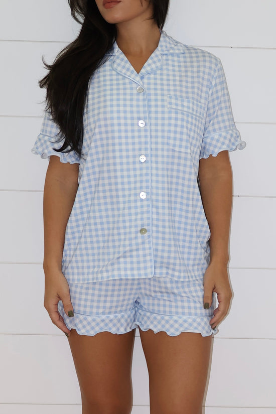 Ruffle Bamboo Short Set in Blue Gingham OMFORT