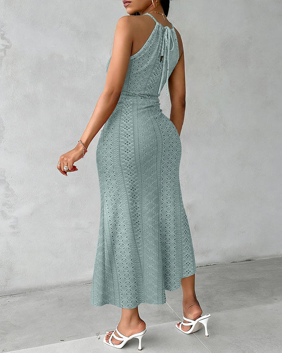 Halter Tie Criss Cross Front Knit Jacquard Textured Slit Dress Casual Hollow-out Draped Vacation Dress Omfort
