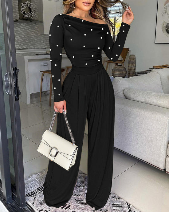Pearls Decor Skew Neck Long Sleeve Cinched Waist Overalls Casual Ruched Zipper Back Wide Leg Jumpsuit OMFORT
