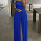 Cold Shoulder Ruched Buckle Wide Leg Jumpsuit Omfort