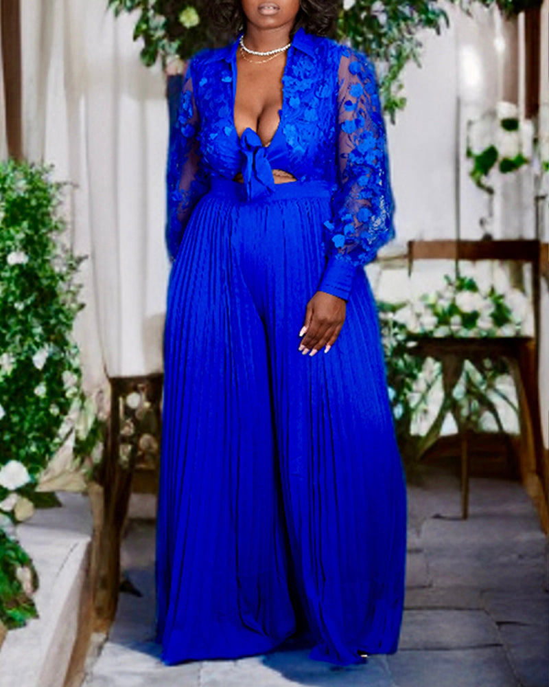 Jacquard Sheer Mesh Patch Turn-down Collar Jumpsuit Elegant Waist Tied Detail Pleated Flare Romper OMFORT