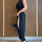 Padded Shoulders Sleeveless Cinched Waist Side High Slit Overalls Casual Hollow-out Back Ruched Jumpsuit Omfort