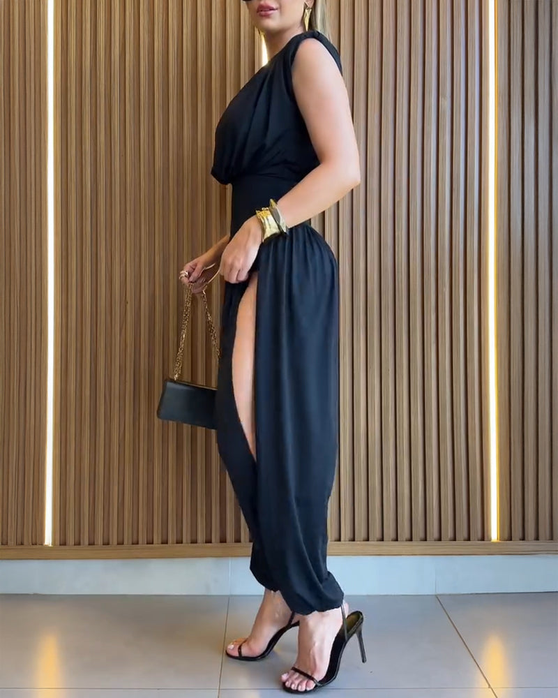 Padded Shoulders Sleeveless Cinched Waist Side High Slit Overalls Casual Hollow-out Back Ruched Jumpsuit Omfort