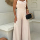 Pleated Design V Neck Adjustable Spaghetti Straps Cinched Waist Overalls Casual Pleated Flared Jumpsuit OMFORT