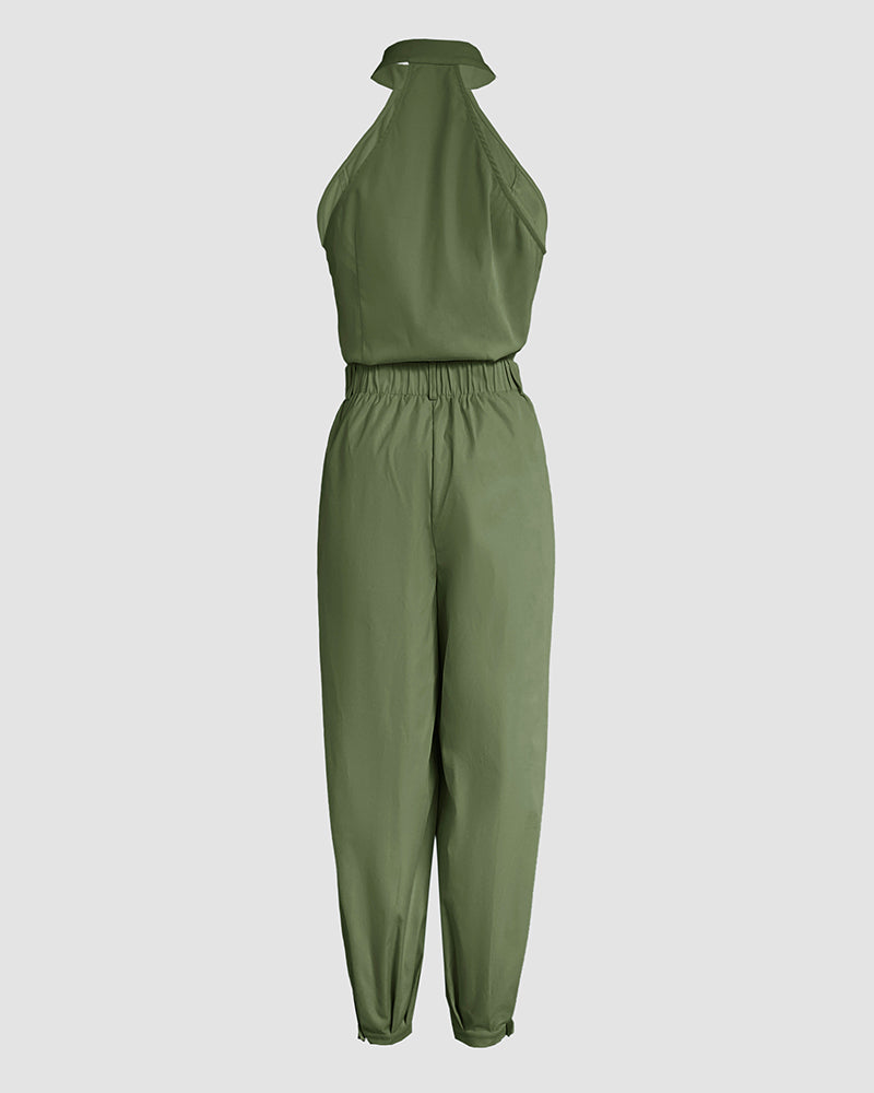 2 Pieces Outfits Sleeveless High Neck Cargo Pockets Design Top And Casual Cuffed Long Pants Set Omfort