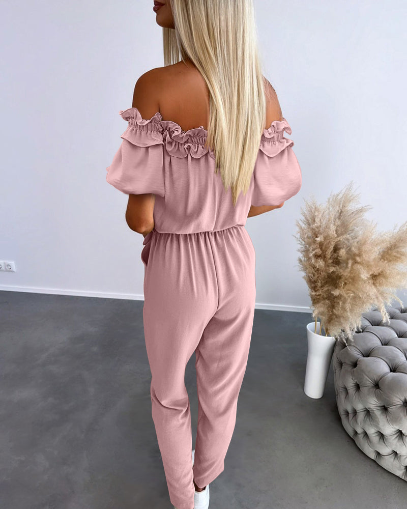 Frill Trim Off Shoulder Short Sleeve Tie Waist Overalls Casual Textured Jumpsuit Omfort