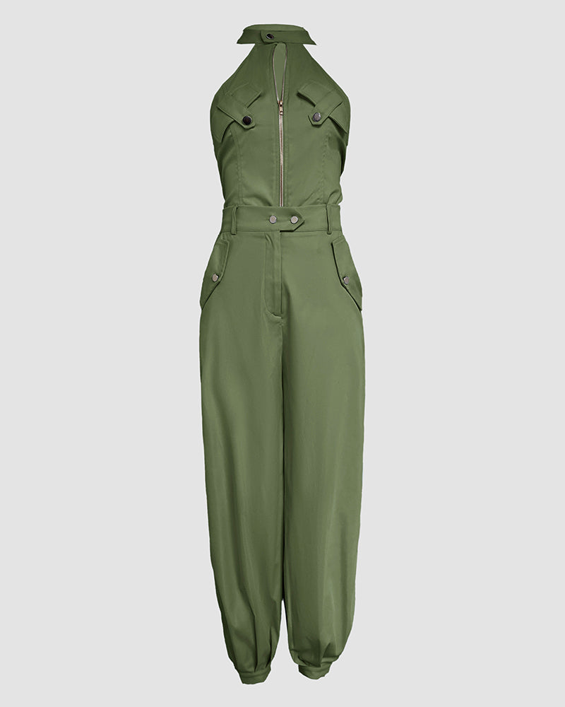 2 Pieces Outfits Sleeveless High Neck Cargo Pockets Design Top And Casual Cuffed Long Pants Set Omfort