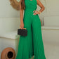 Pleated Design V Neck Adjustable Spaghetti Straps Cinched Waist Overalls Casual Pleated Flared Jumpsuit OMFORT