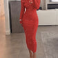Off Shoulder Long Sleeve Chic Mental Buckle Ruched Mid-Calf Dress OMFORT