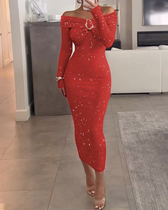 Off Shoulder Long Sleeve Chic Mental Buckle Ruched Mid-Calf Dress OMFORT