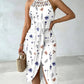 Watercolor Ditsy Floral Print Halter Tie Criss Cross Spliced Dress OMFORT