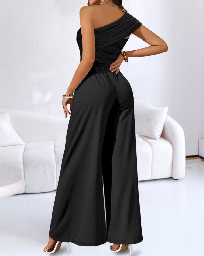 Cold Shoulder Ruched Buckle Wide Leg Jumpsuit Omfort