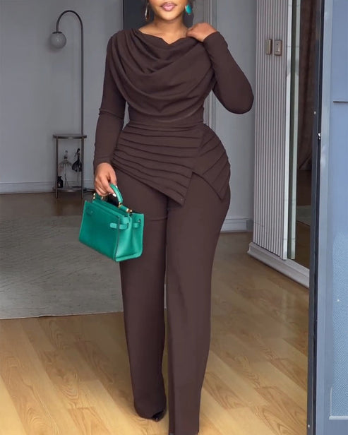 Cowl Neck Asymmetrical Textured Patchwork Cinched Waist Jumpsuit Casual Zipper Back Wide Leg Jumpsuit OMFORT