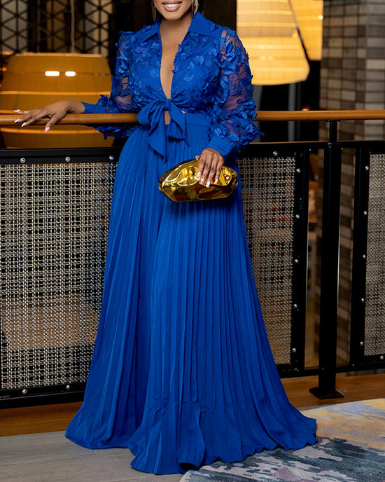 Jacquard Sheer Mesh Patch Turn-down Collar Jumpsuit Elegant Waist Tied Detail Pleated Flare Romper OMFORT