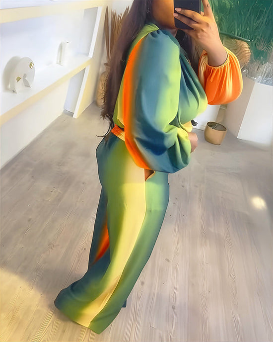 2 Pieces Outfit Cowl Neck Puff Sleeve Loose Fit Top and Zipper Fly Elastic Back Waist Wide Leg Pants Set Casual Tie Dye Print Set Omfort