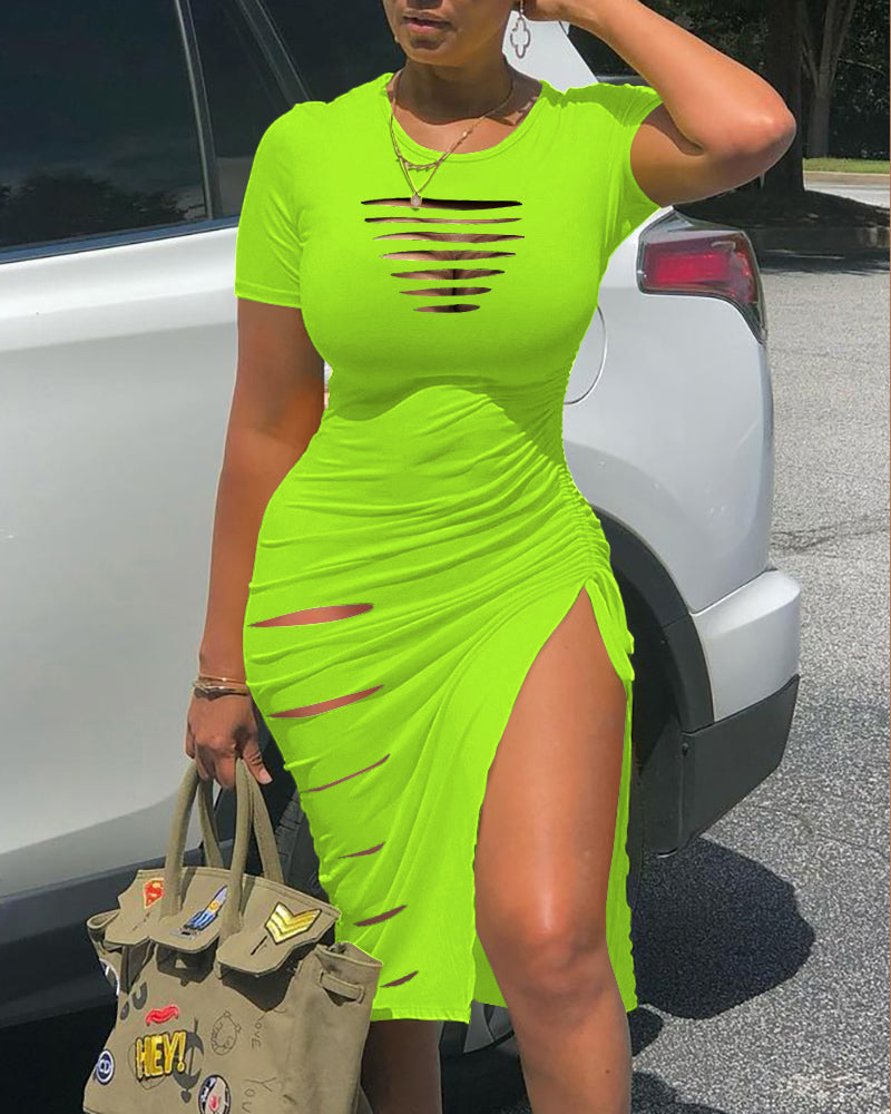 O Neck Short Sleeve Solid Color Cut Out Ruched Drawstring Bodycon Dress With Side Slit mysite