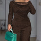 2 Pieces Outfit Cowl Neck Lace Spliced Long Sleeve Top and Elastic Waist Wide Leg Pants Set Casual Glitter Set Omfort