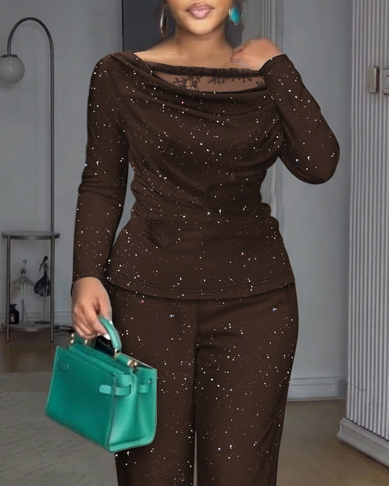 2 Pieces Outfit Cowl Neck Lace Spliced Long Sleeve Top and Elastic Waist Wide Leg Pants Set Casual Glitter Set Omfort