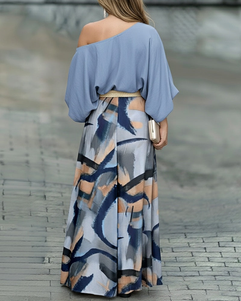 2 Pieces Outfit Skew Neck Batwing Sleeve Stretchy Hem Top and Casual Abstract Print Zipper Fly Elastic Back Waist Wide Leg Pants Set without Belt Omfort