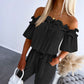 Frill Trim Off Shoulder Short Sleeve Tie Waist Overalls Casual Textured Jumpsuit Omfort