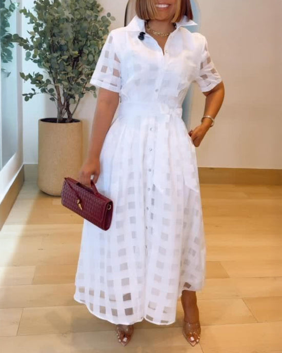 Turn-down Collar Plaid Mesh Double-Layered Cinched Waist Maxi Dress Button Down Bow Tie Waist Commuting Dress Omfort