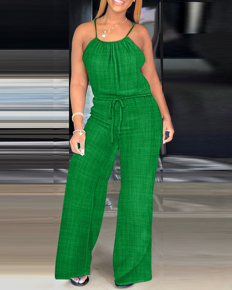 Spaghetti Strap Drawstring Tied Waist Jumpsuit Casual Overalls OMFORT