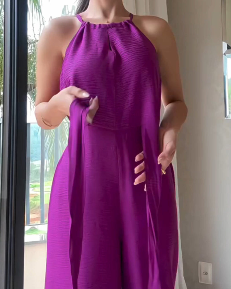 Halter Sleeveless Lace-up Jumpsuit Casual Waist Ruched Loose Fit Romper OMFORT