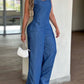 V-Neck Adjustable Thick Straps Denim Overalls Casual Shirred Back Wide Leg Suspender Jumpsuit mysite