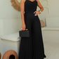 Pleated Design V Neck Adjustable Spaghetti Straps Cinched Waist Overalls Casual Pleated Flared Jumpsuit OMFORT