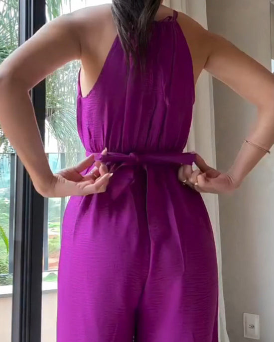 Halter Sleeveless Lace-up Jumpsuit Casual Waist Ruched Loose Fit Romper OMFORT