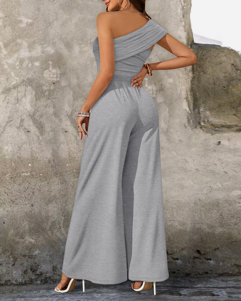 Cold Shoulder Ruched Buckle Wide Leg Jumpsuit Omfort