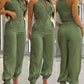 2 Pieces Outfits Sleeveless High Neck Cargo Pockets Design Top And Casual Cuffed Long Pants Set Omfort