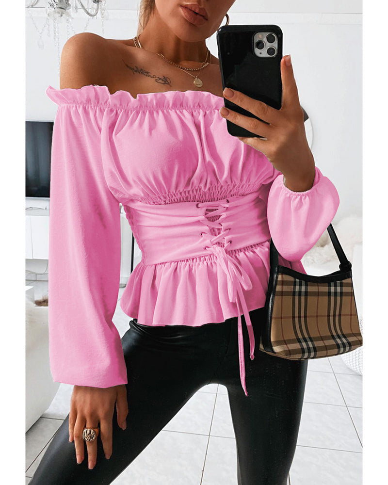 Frill Trim Off Shoulder Long Sleeve Lace-up Front Blouse Casual Shirred Waist Flared Hem Top OMFORT