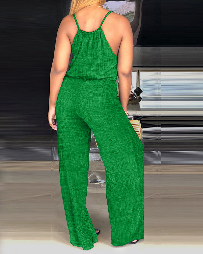 Spaghetti Strap Drawstring Tied Waist Jumpsuit Casual Overalls OMFORT