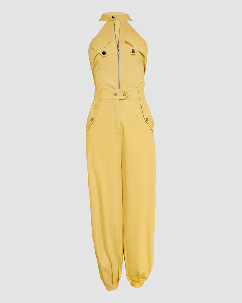 2 Pieces Outfits Sleeveless High Neck Cargo Pockets Design Top And Casual Cuffed Long Pants Set Omfort