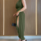 Padded Shoulders Sleeveless Cinched Waist Side High Slit Overalls Casual Hollow-out Back Ruched Jumpsuit Omfort