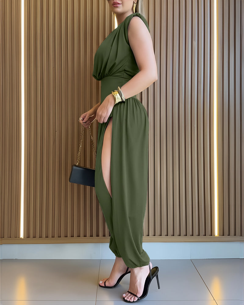 Padded Shoulders Sleeveless Cinched Waist Side High Slit Overalls Casual Hollow-out Back Ruched Jumpsuit Omfort