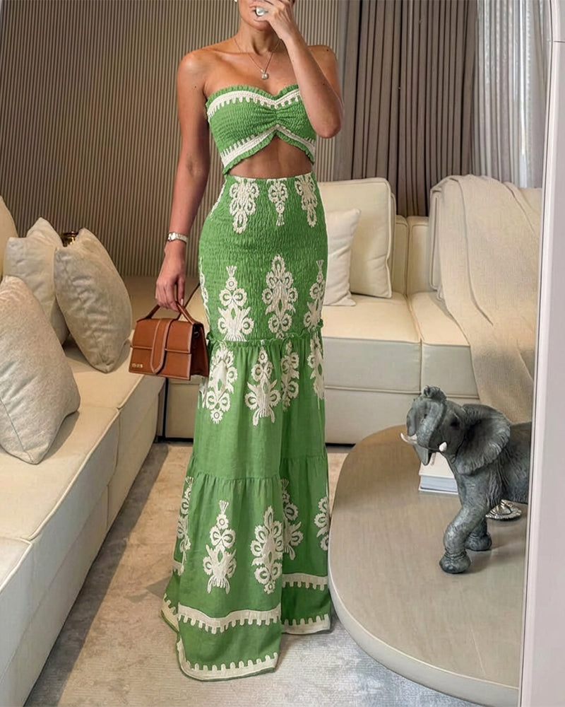 Vintage Baroque Print Frill Trim Bandeau Cutout Front Ruched Mermaid Hem Dress Elegant Tied Detail Shirred Ruffle Hem Vacation Dress Omfort