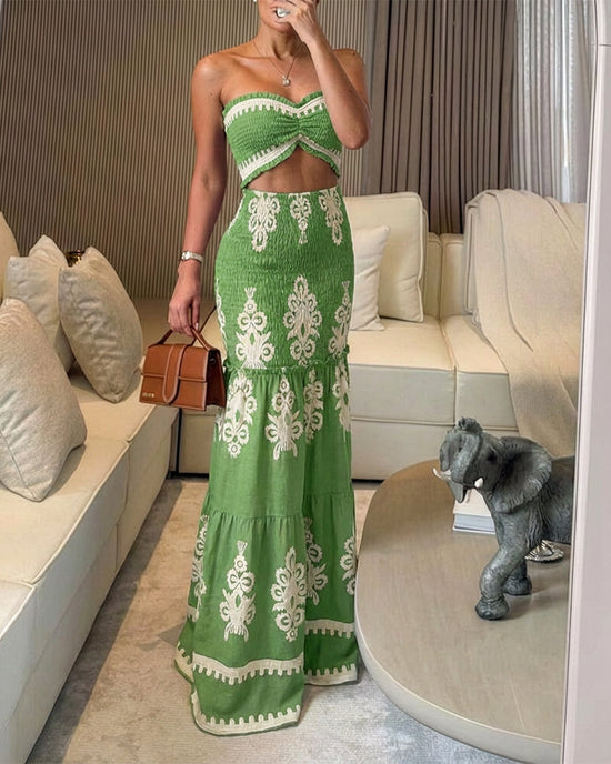 Vintage Baroque Print Frill Trim Bandeau Cutout Front Ruched Mermaid Hem Dress Elegant Tied Detail Shirred Ruffle Hem Vacation Dress Omfort