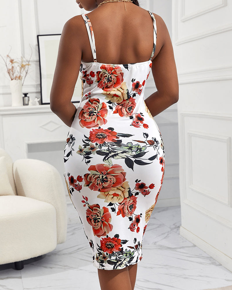 Floral Print Adjustable Straps Bodycon Cami Dress Omfort