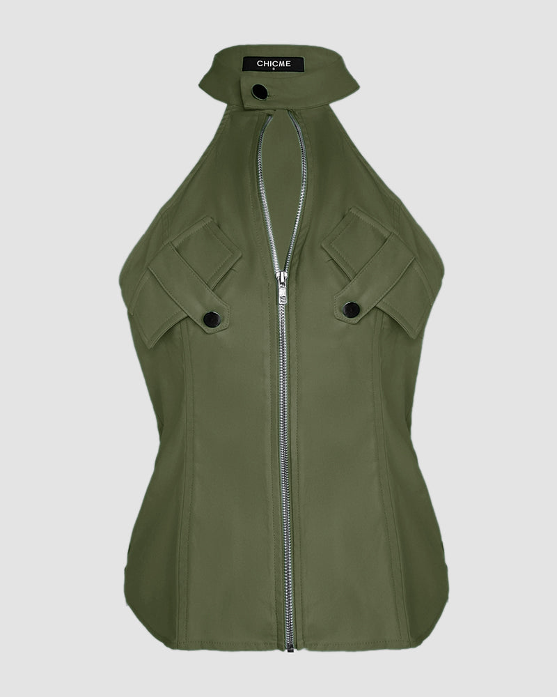 2 Pieces Outfits Sleeveless High Neck Cargo Pockets Design Top And Casual Cuffed Long Pants Set Omfort