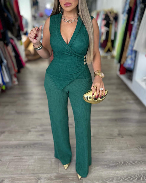 2 Pieces Outfit Overlap Deep V-Neck Sleeveless Side Button Decor Asymmetrical Hem Slim Fit Top and Elastic Waist Wide Leg Pants Set Casual Ribbed Set OMFORT