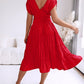 Textured V Neck Sleeveless Ruched Ruffles Hem Dress Casual Waist A Line Party Midi Dress OMFORT