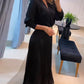 Elegant Women's Puff Long Sleeve V-neck Pleated Maxi Dress Dinner Dress (Without Belt) OMFORT