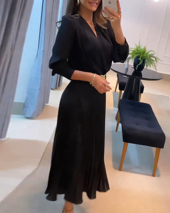 Elegant Women's Puff Long Sleeve V-neck Pleated Maxi Dress Dinner Dress (Without Belt) OMFORT