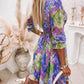 Floral Print Overlap V Neck Long Sleeve Shirred Waist Ruffle Hem Dress Casual Cinched Waist Flared Cuffs Chiffon Vacation Dress with Lining Omfort