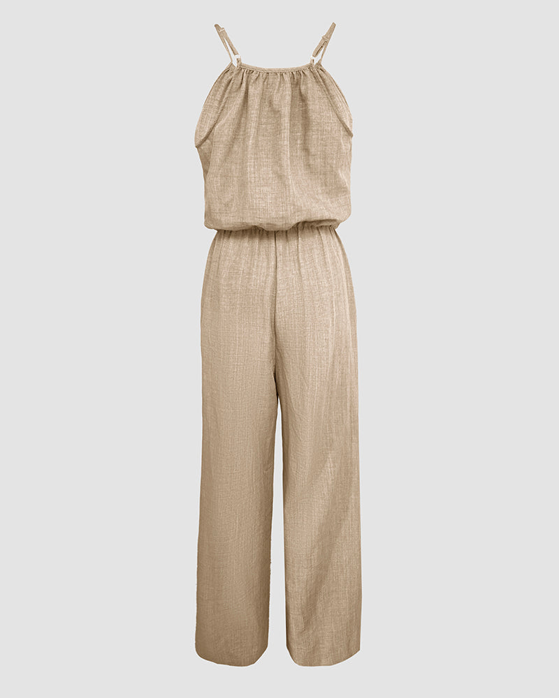 Spaghetti Strap Drawstring Tied Waist Jumpsuit Casual Overalls OMFORT