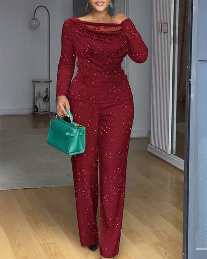 2 Pieces Outfit Cowl Neck Lace Spliced Long Sleeve Top and Elastic Waist Wide Leg Pants Set Casual Glitter Set Omfort