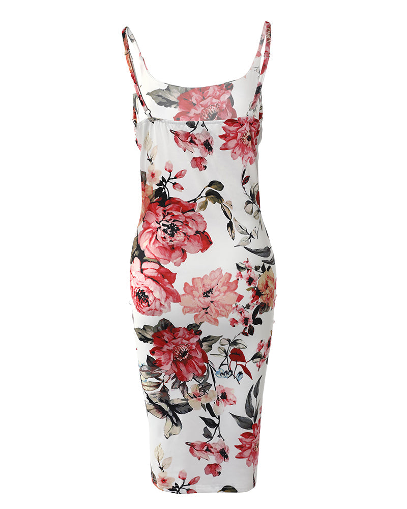 Floral Print Adjustable Straps Bodycon Cami Dress Omfort